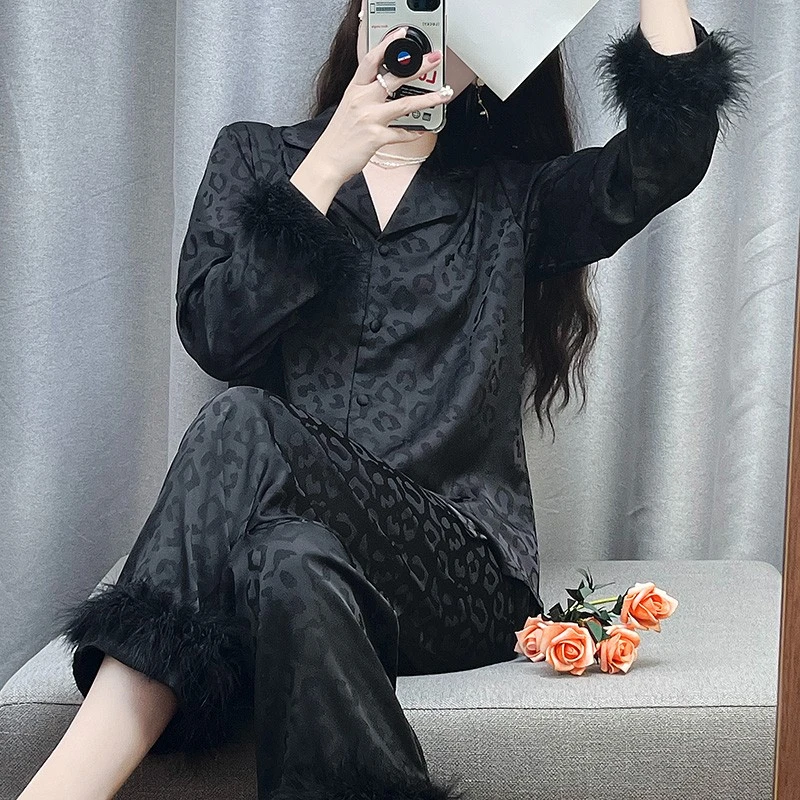 tpvl幂秘V字羽毛拼接黑色睡衣女春秋季冰丝高级感轻奢家居服套装