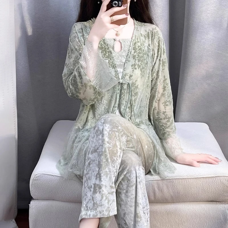 tpvl新中式三件套金钻绒睡衣女春秋冬绿色蕾丝网纱性感纯欲家居服