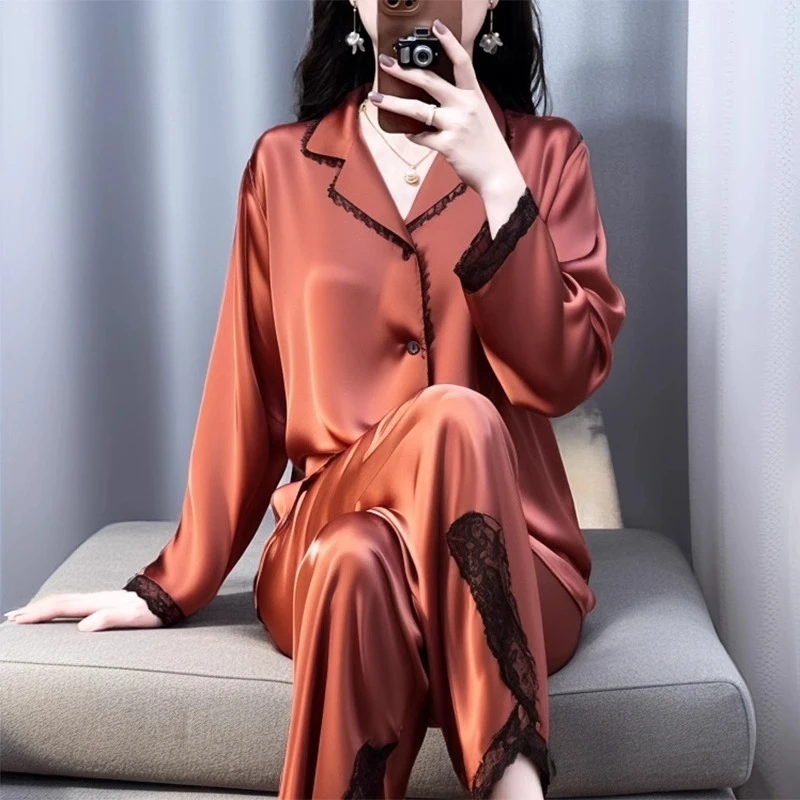 tpvl水光绸睡衣女长袖春秋夏季薄款套装冰丝家居服外穿新款衬衫领