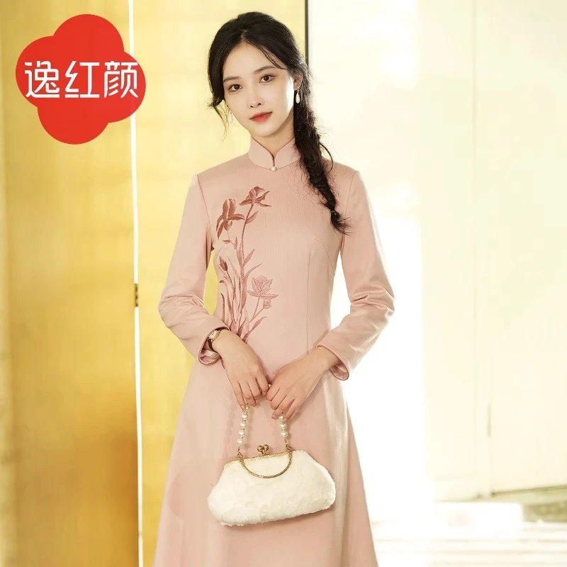 上海逸红颜芳怡2025春季旗袍改良版连衣裙女弹力针织旗袍文艺风