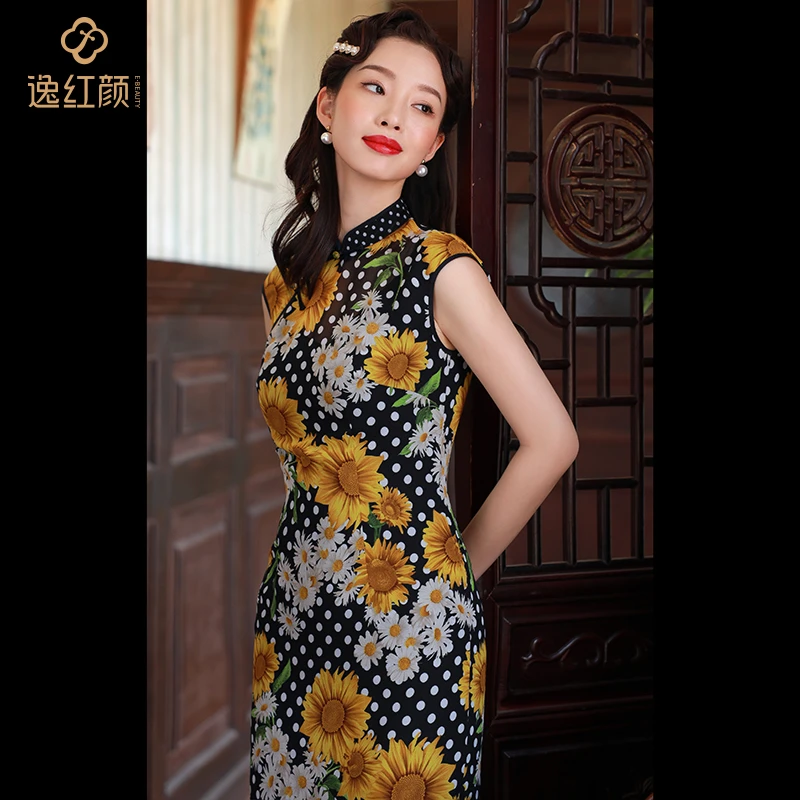 逸红颜向阳新款连肩袖雪纺中长款高考旗袍改良版连衣裙女夏气质
