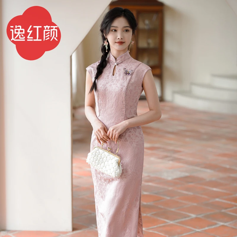逸红颜望湘2025夏季新款旗袍改良版连衣裙女微弹水滴领缎面提花