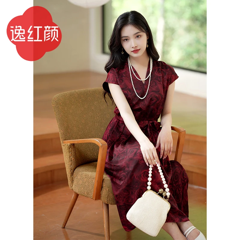 逸红颜梦华录2024夏季新款香云纱真丝连衣裙女连肩袖25姆米香云纱
