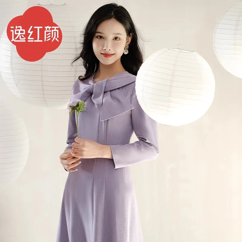 上海逸红颜蝶屿2025秋装新品法式连衣裙女花纱TR面料蝴蝶结