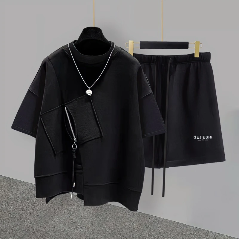 夏季拉链短袖套装男ins韩版时尚潮流宽松休闲显瘦情侣搭配一整套