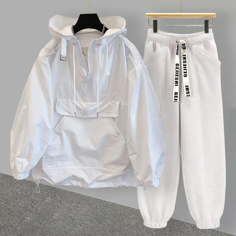 秋冬季纯色连帽长袖冲锋衣男款套装韩版潮流风衣外套男搭配一整套