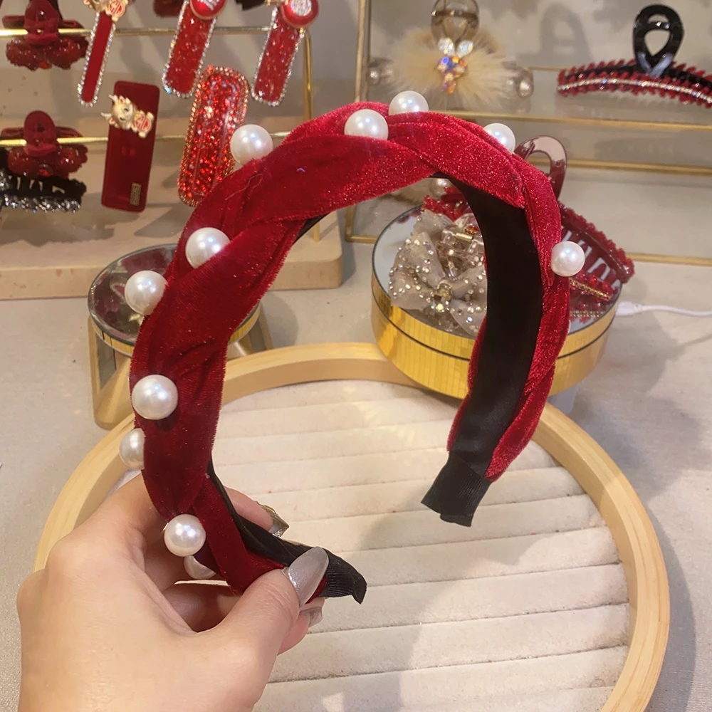 840高颅顶贝珠发卡发箍女气质新款丝绒发箍头饰显脸小压发头箍