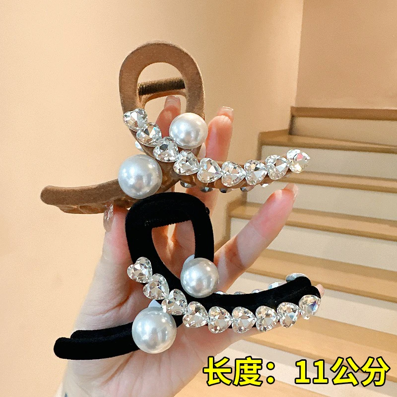 744-网红设计感植绒水钻贝珠发抓韩版发夹后脑勺抓夹大号夹子百搭
