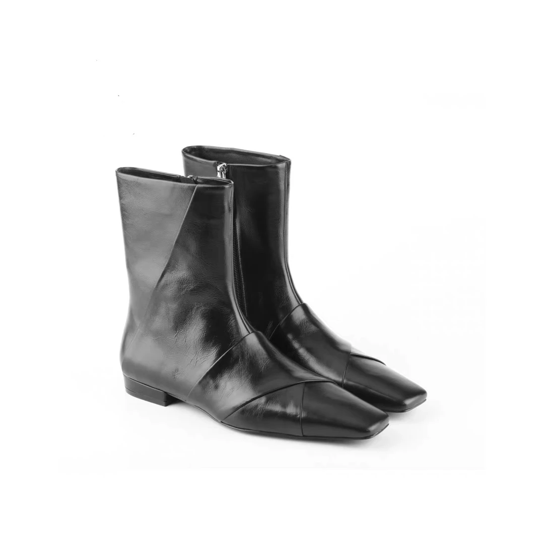 瑞瑞ANNYRUI【切尔西】进口胎牛设计感小方头侧拉链平跟中筒短靴