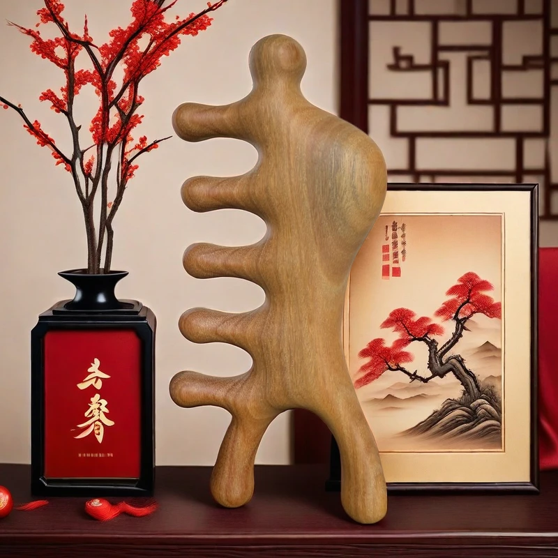 【绿檀大白鲟】多功能防脱梳头五齿木梳子宽齿檀香木香按摩齿梳梳子