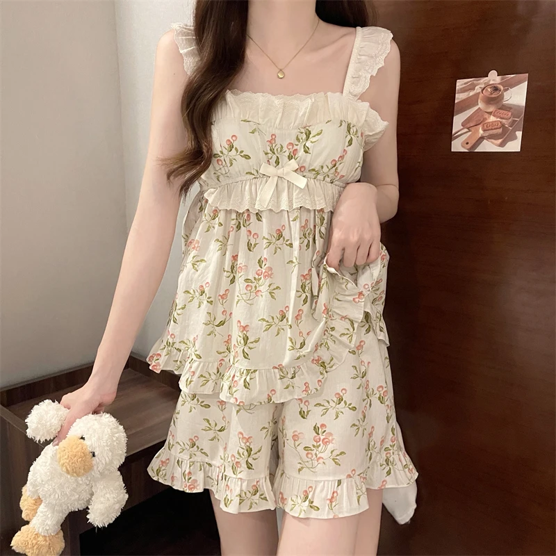 甜美碎花睡衣女套装夏季新款可爱少女吊带睡裙带胸垫家居服可外穿