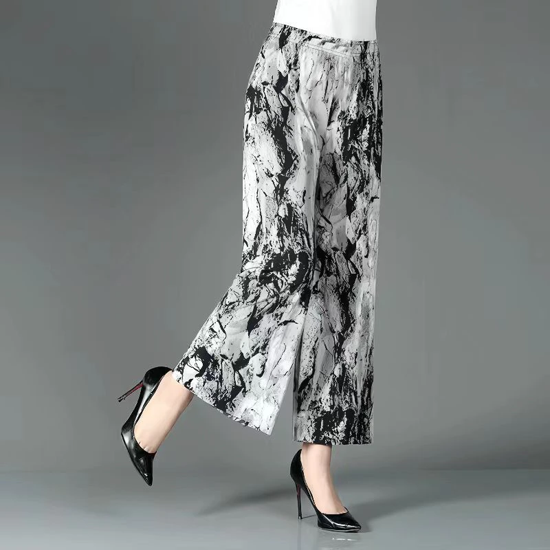 冰丝女裤夏季阔腿裤妈妈装九分裤水墨画薄款中老年宽松高腰高档裤