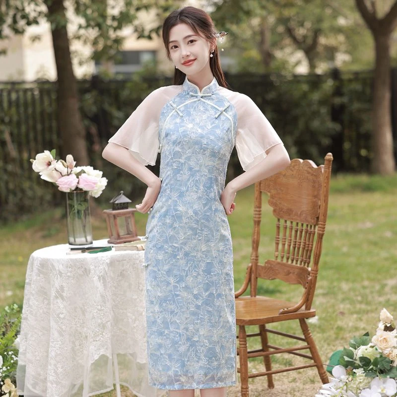 2314夏季长裤欧根纱插肩袖小性感清新侧八扣气质旗袍裙倒大袖飘逸