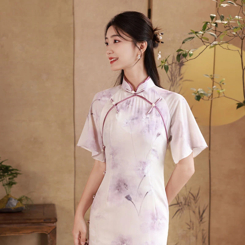 2410夏季长款云丝双层气质少女日常中式民国风旗袍印花优雅显瘦