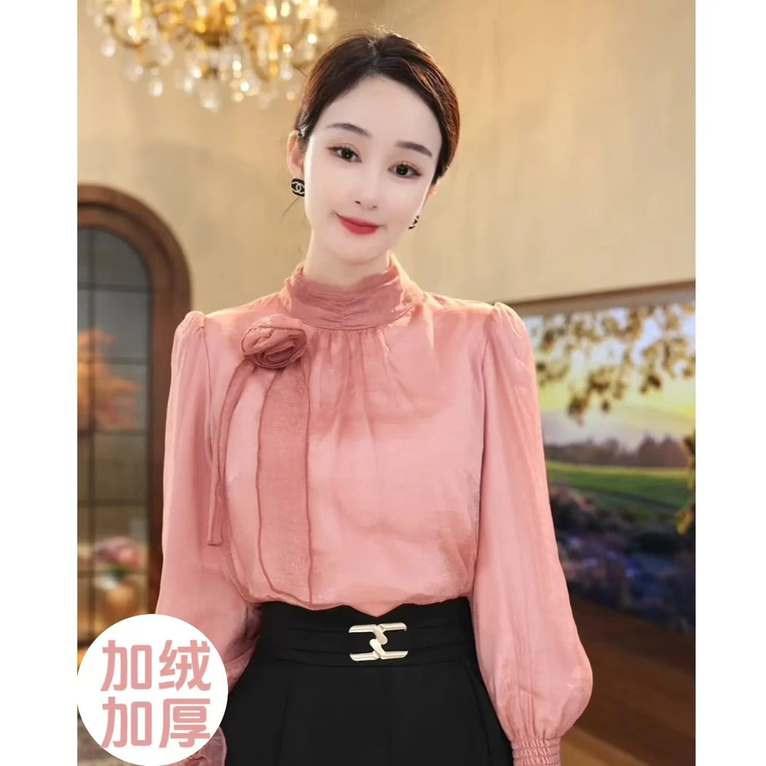 现货2025加绒加厚【3327】高级感气质小众温柔粉色减龄显白衬衫上衣