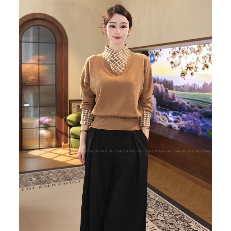 唐熹现货2025秋冬新款【TX-38】含绵羊毛时尚拼接卡其色套头针织衫