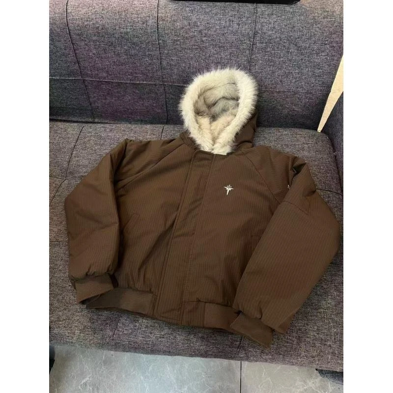 A232 美式复古冬毛领加厚短款棉衣男女小香风纯色情侣外套