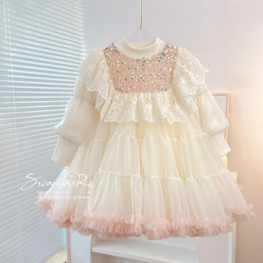 【Y.u0923】2024春秋季新款女童蓬蓬裙气质儿童蕾丝长袖洋气连衣裙