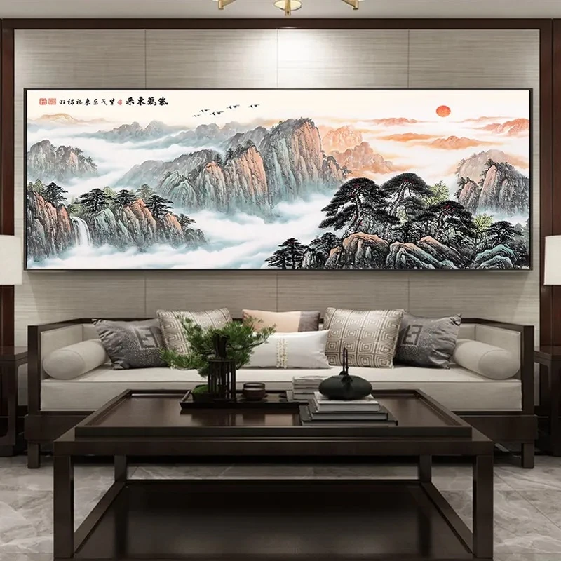 紫气东来客厅装饰画中式客厅山水画背景墙沙发背景墙沙发背景挂画