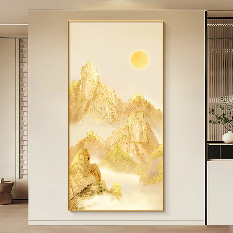 日照金山玄关装饰画现代简约高档金箔楼梯间挂画背有靠山轻奢壁画