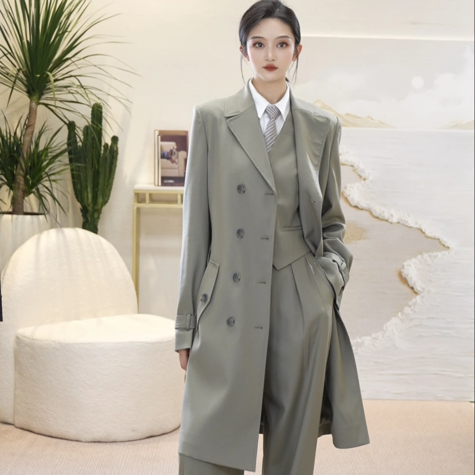 GIRDEAR/哥弟秋款气质时尚通勤百搭中长款英伦双排扣风衣1400818