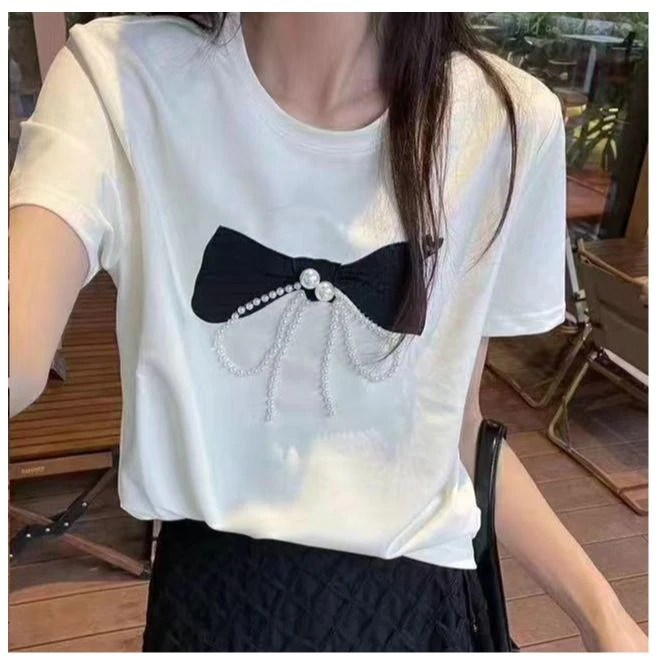 KIKI严选：编号T218-零点520家南油欧货爱心蝴蝶结拼钉珠T恤上衣
