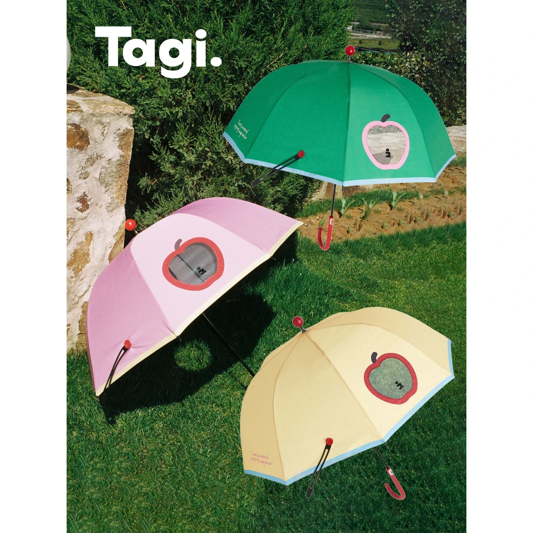 Tagi.想象苹果雨宝伞安全透明小窗户拼接可爱按钮长柄雨伞