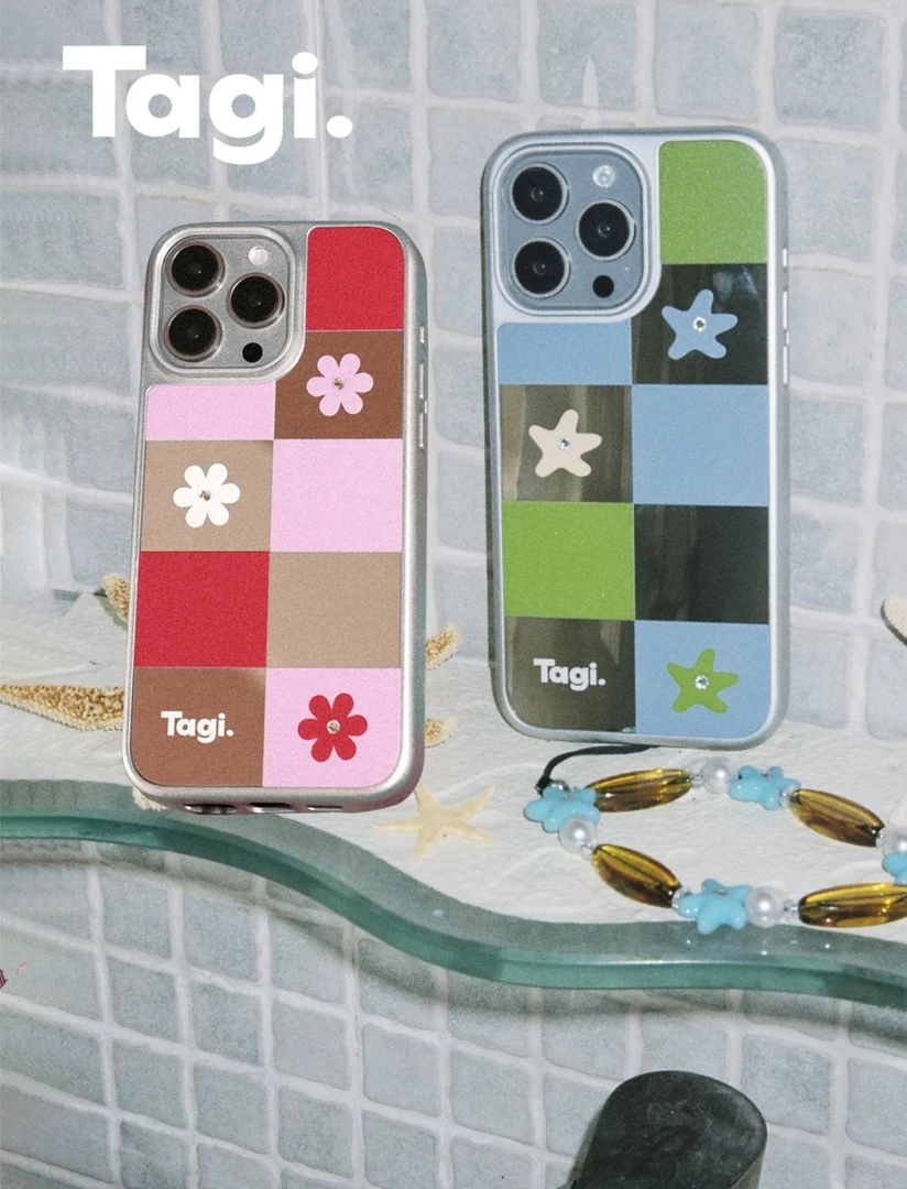 Tagi. 《想象沙滩》海星花花镜面格纹拼色钻石iphone手机壳