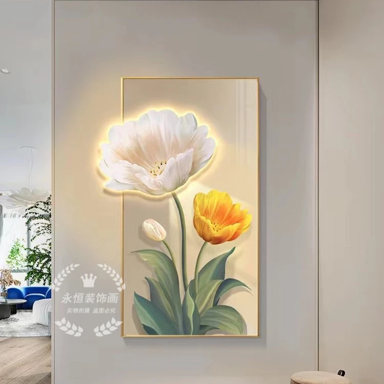 北欧入户玄关装饰画高级感走廊过道挂画光影绿植led灯画客厅壁画