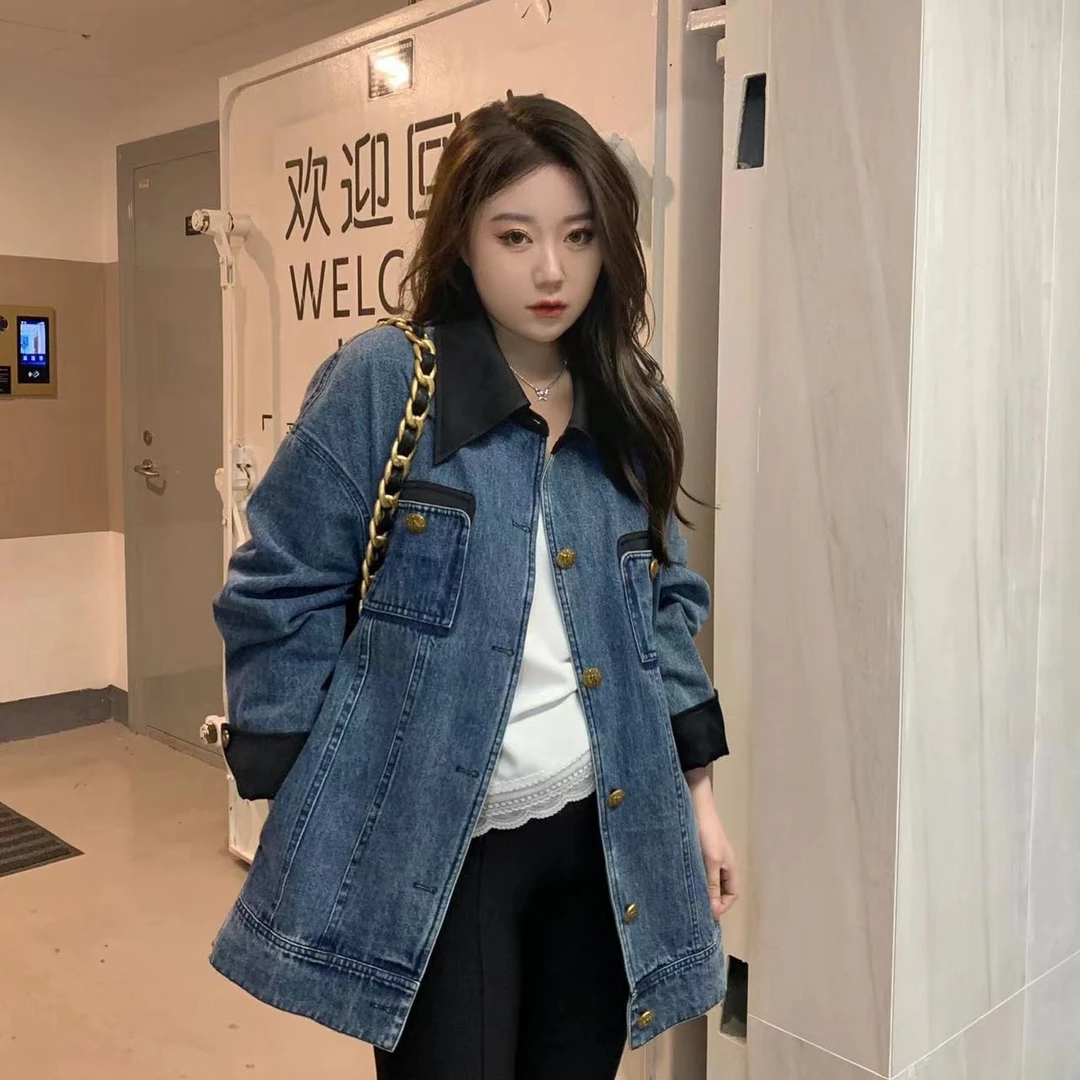 【琪琪推荐】大码女装撞色翻领拼接设计感高级牛仔外套T1573QQ