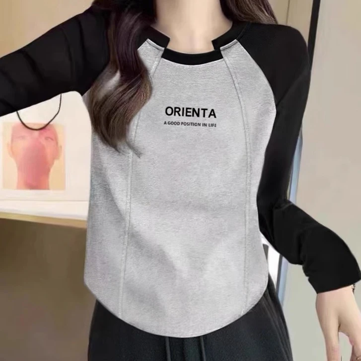 不规则设计感长袖T恤女撞色拼接领口别致打底衫插肩纯棉上衣秋冬