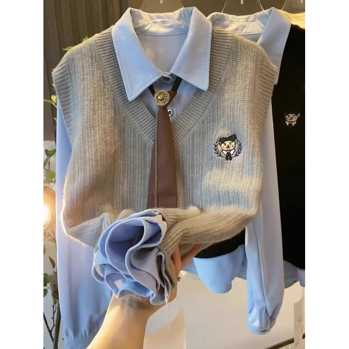 春季新款可盐可甜学院风衬衫马甲套装女春夏韩系温柔风叠穿套装