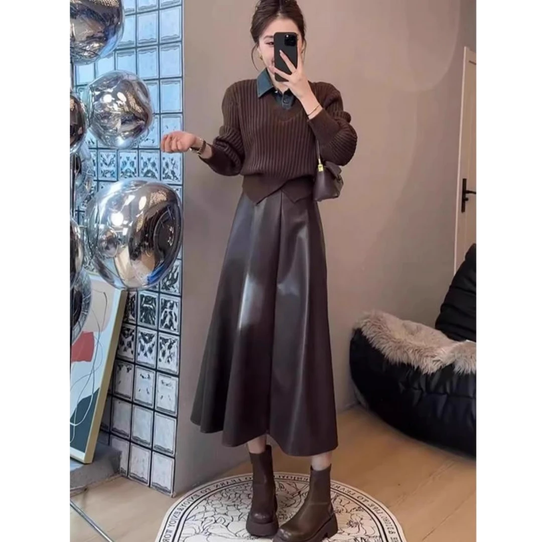 入秋高级感拼接假两件毛衣搭配半身裙套装女秋冬2025新款时尚休闲
