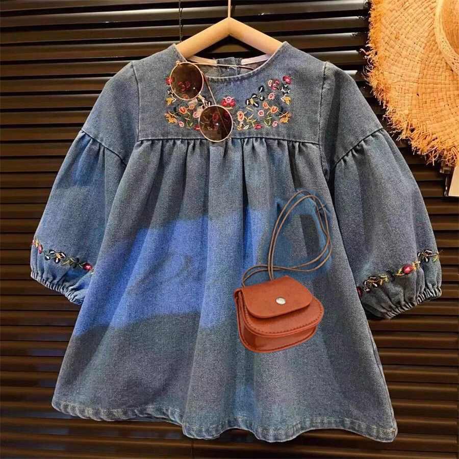 韩版2025春复古女童软牛仔连衣裙刺绣长袖洋气森系百搭春秋