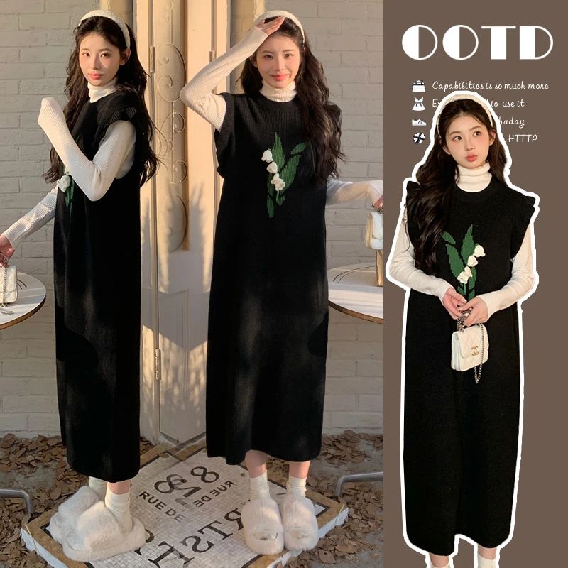实拍现货秋冬套装韩版时尚宽松加厚花朵设计背心裙打底毛衣两件套
