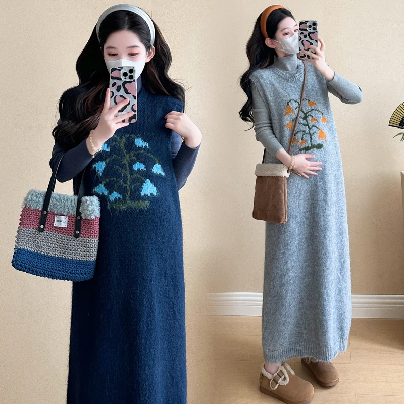 【懒洋洋】孕妇装2024秋冬新款孕妇韩版刺绣毛衣背心裙木耳边打底