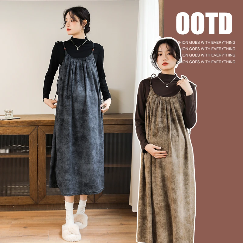懒洋洋~2024孕妇装秋冬新款韩版高领打底衫晕染吊带连衣裙两件套