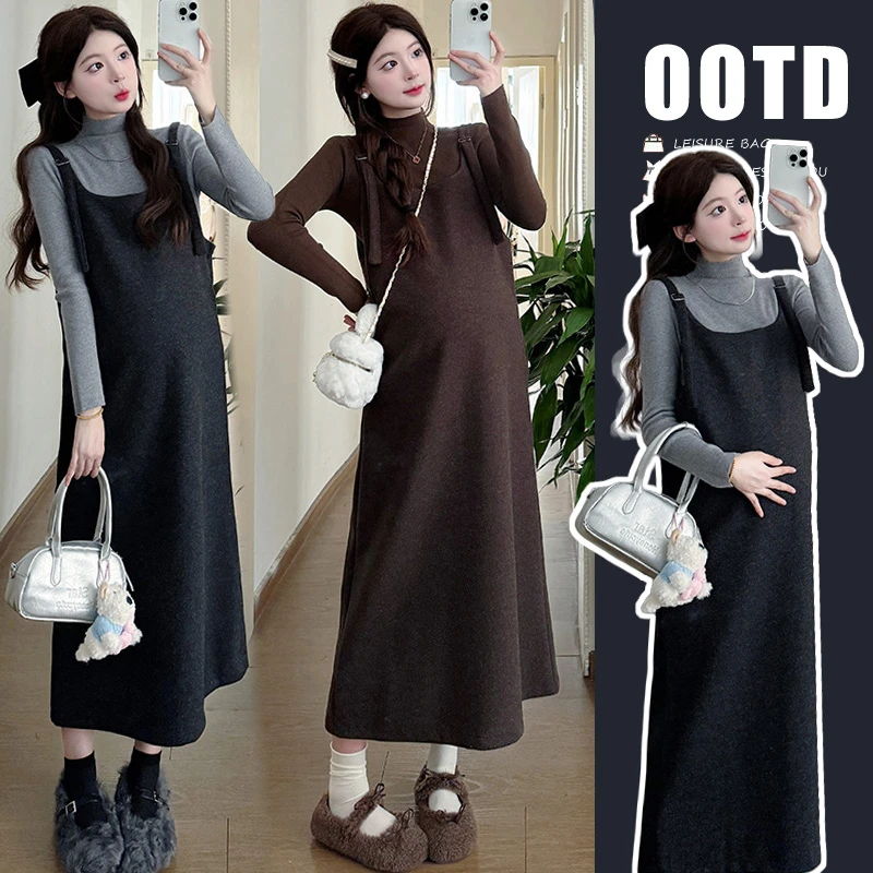 懒洋洋～2025秋冬加厚毛衣打底衫+毛呢时尚背带裙中长款两件套