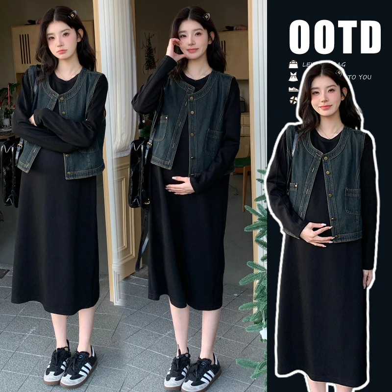 【懒洋洋】小个子孕妇装春季新品黑色卫衣连衣裙复古洗水马甲外套
