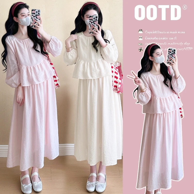 实拍现货2024新款气质秋季设计感假两件拼接长袖宽松孕妇连衣裙