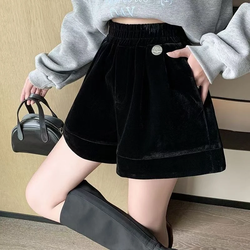 金丝绒休闲a字阔腿裤女秋冬2024秋冬新款松紧腰宽松百搭短裤靴裤