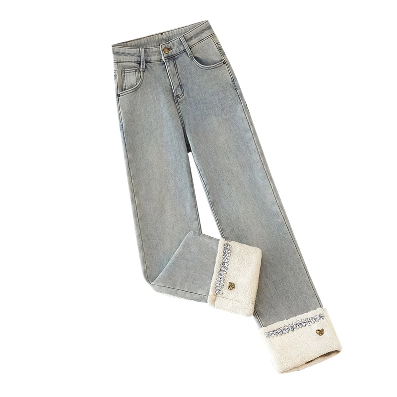 她池2024冬装新款女装翻边加绒九分水洗直筒高腰牛仔裤T44H8258KB