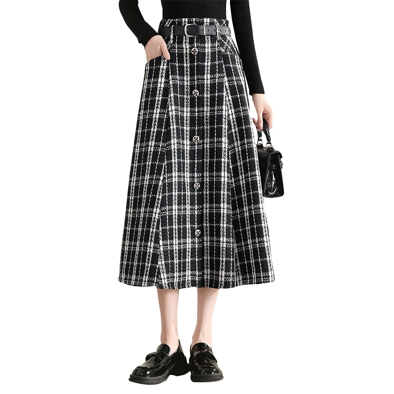 2024秋装新款女装高腰时尚气质半身裙A字格纹复古中长裙S43F0089B