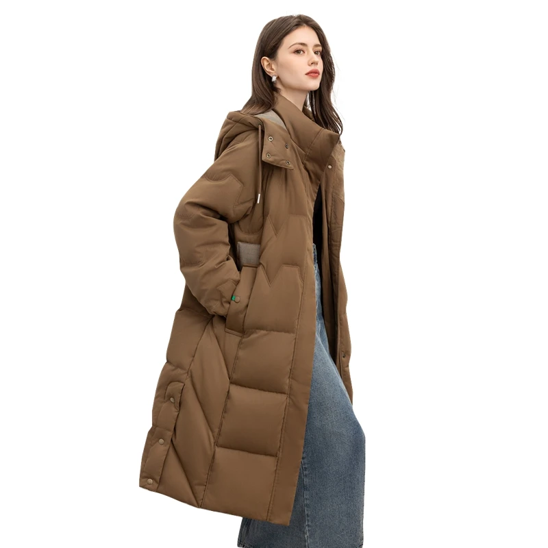 她池2024冬季新款女中长款羽绒服双口袋拼接连帽外套T44Z8287Y