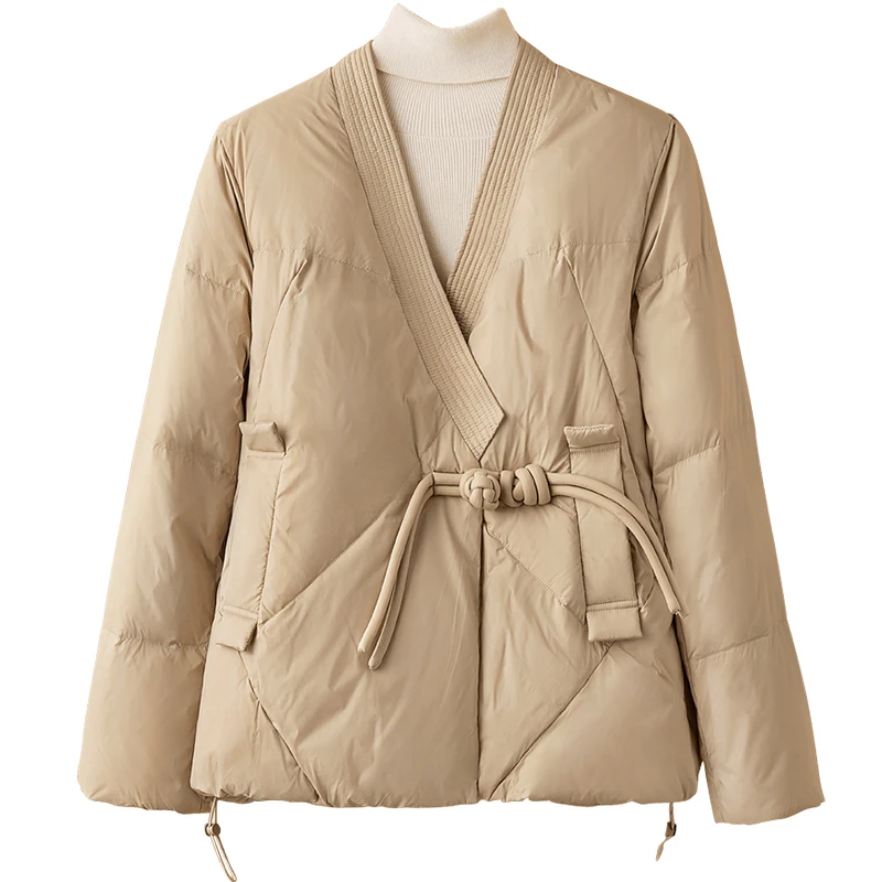 2024冬装新款女复古V领长袖外套90绒大盘扣保暖羽绒服S44Q4646Y