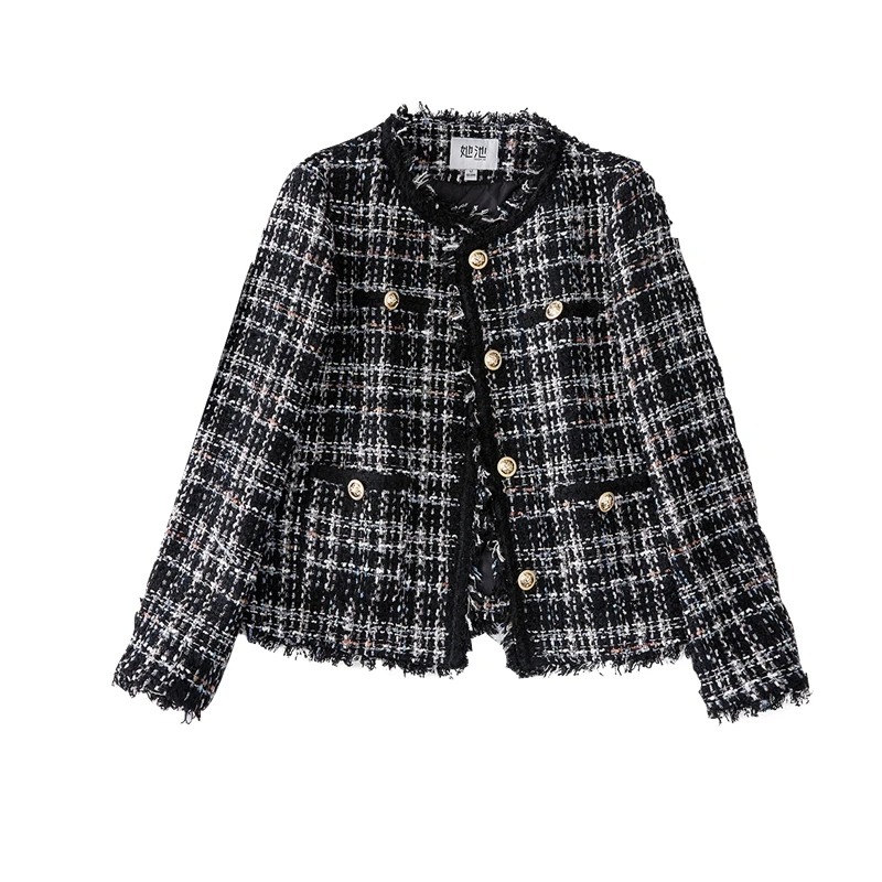 她池2024冬季新款女装小香风羽绒外套圆领格纹保暖上衣T44Q8110AA