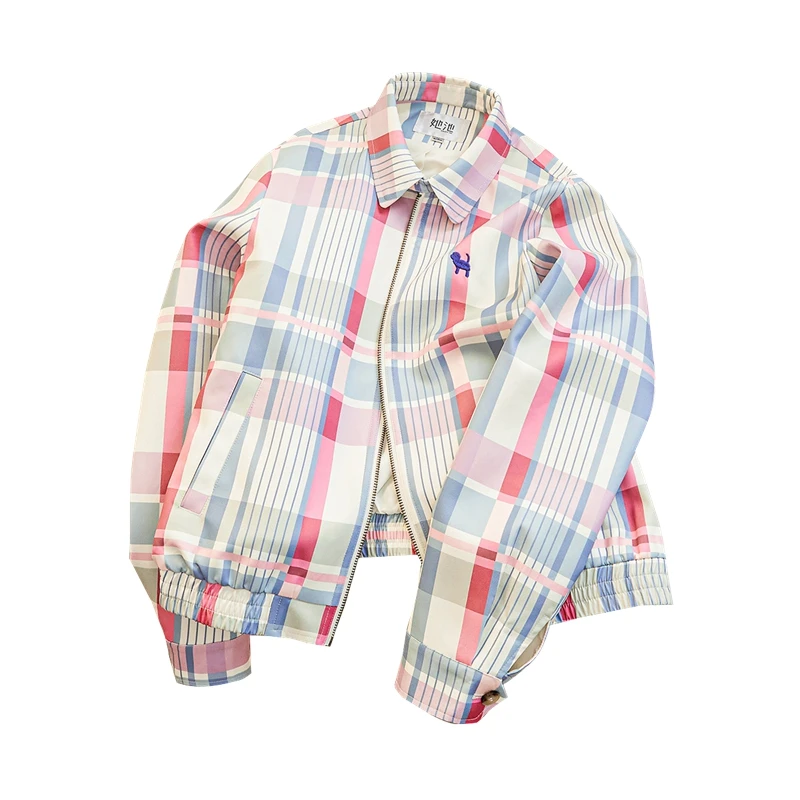 她池2025春装新款女装时尚休闲宽松翻领拉链格纹外套T43Q4472AB