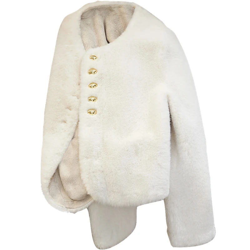 她池2024冬新款女装气质单排扣毛绒宽松慵懒风外套T44J0002A