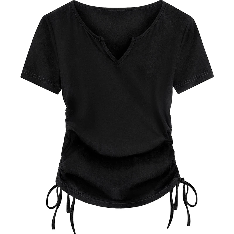 2025夏装新款女时尚气质简约修身显瘦套头短袖抽绳T恤S32B1512TS