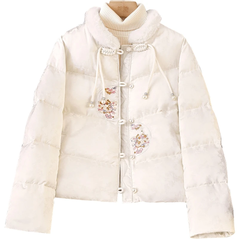 她池2024冬装新款女装时尚刺绣立领单排扣新中式羽绒服T44Q8131YA
